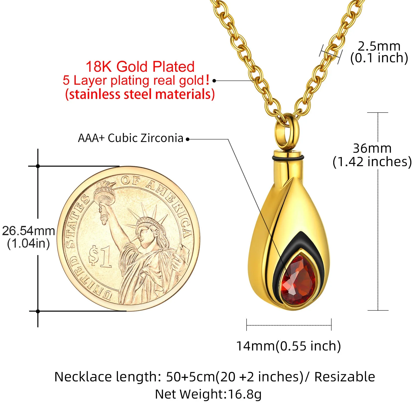 U7 Jewelry Teardrop Birthstone Cremation Jewelry for Ashes Keepsake Urn Pendant with Chain Memorial Jewelry