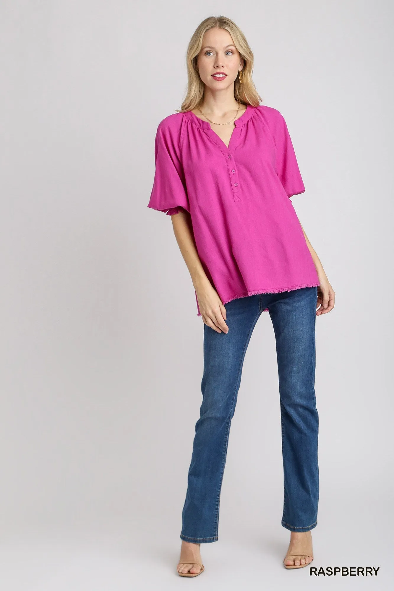 Umgee Linen Raglan Sleeve Top in Raspberry