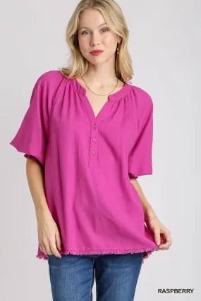 Umgee Linen Raglan Sleeve Top in Raspberry