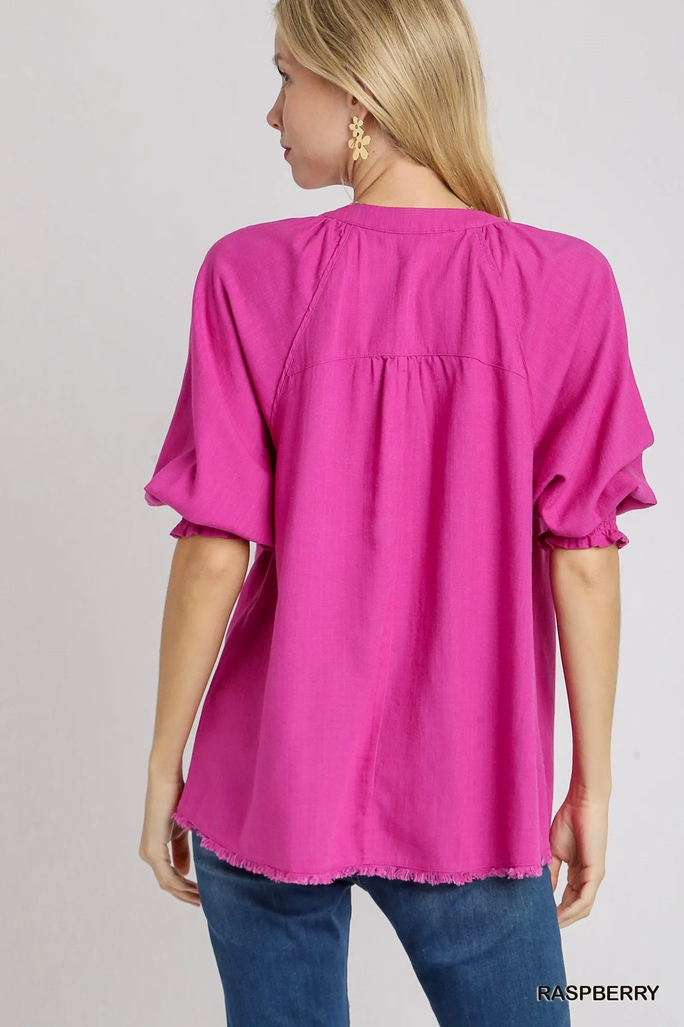 Umgee Linen Raglan Sleeve Top in Raspberry