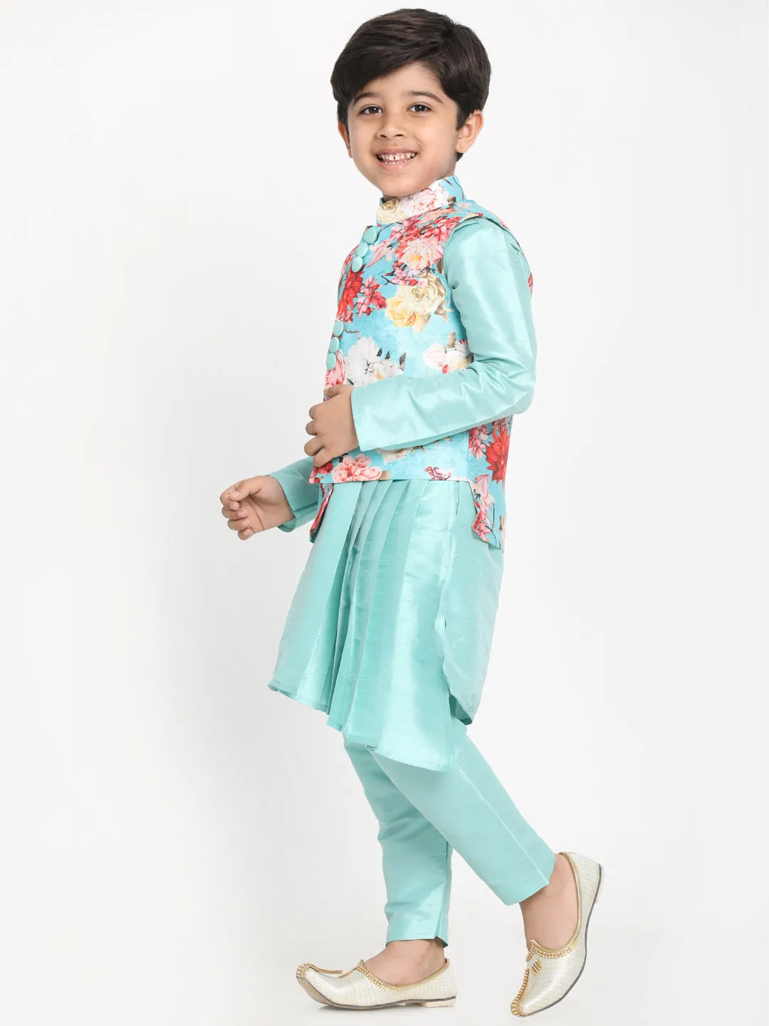 Vastramay Boy's Mint Green Asymmetric Kurta With Floral Printed Jacket And Pyjama Set