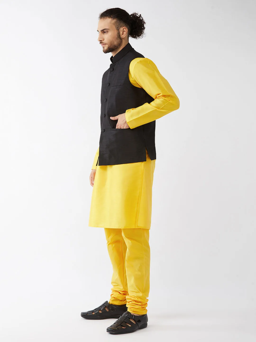 VASTRAMAY Men's Black Silk Blend Ethnic Jacket, Yellow Kurta and Pyjama Set