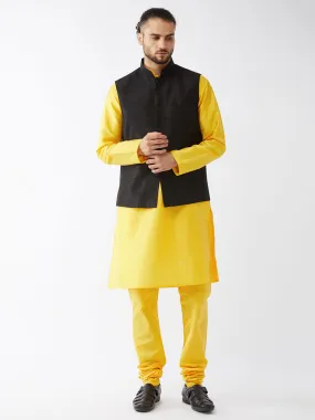 VASTRAMAY Men's Black Silk Blend Ethnic Jacket, Yellow Kurta and Pyjama Set