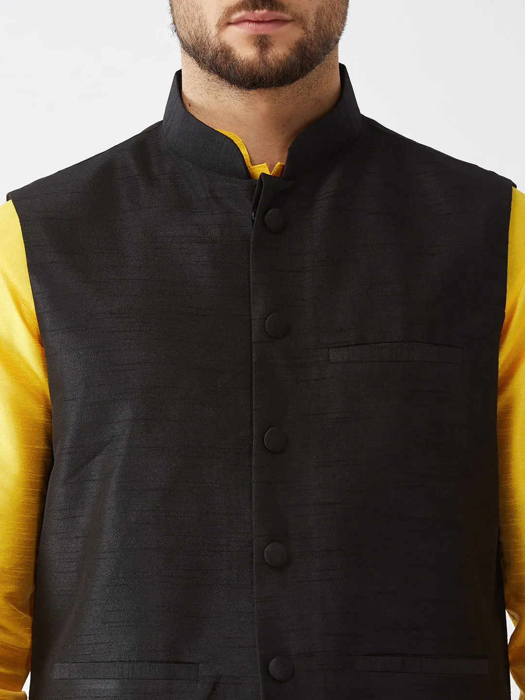 VASTRAMAY Men's Black Silk Blend Ethnic Jacket, Yellow Kurta and Pyjama Set