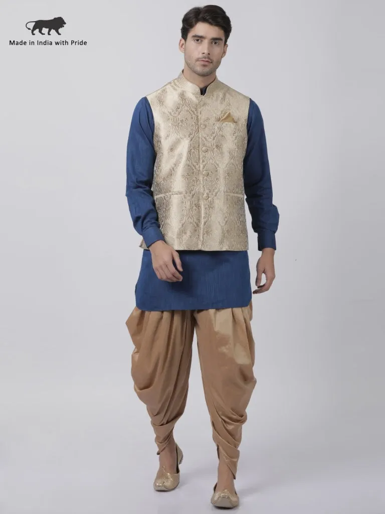 VASTRAMAY Men's Dark Blue Cotton Silk Blend Ethnic Jacket, Kurta and Dhoti Pant Set