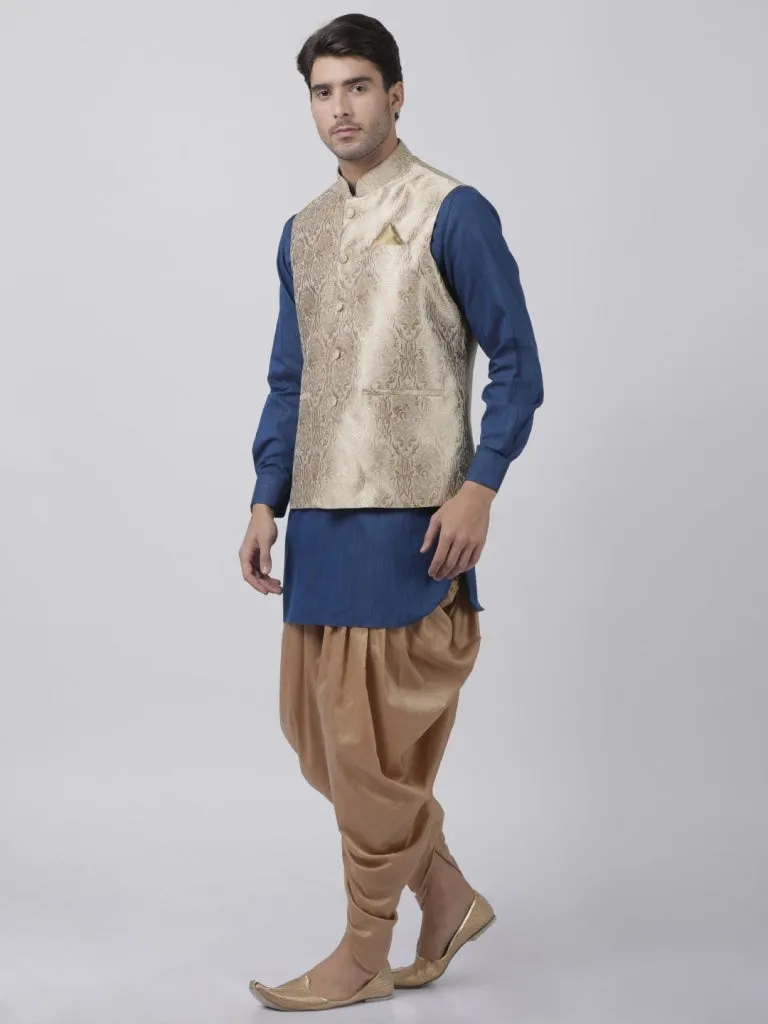 VASTRAMAY Men's Dark Blue Cotton Silk Blend Ethnic Jacket, Kurta and Dhoti Pant Set