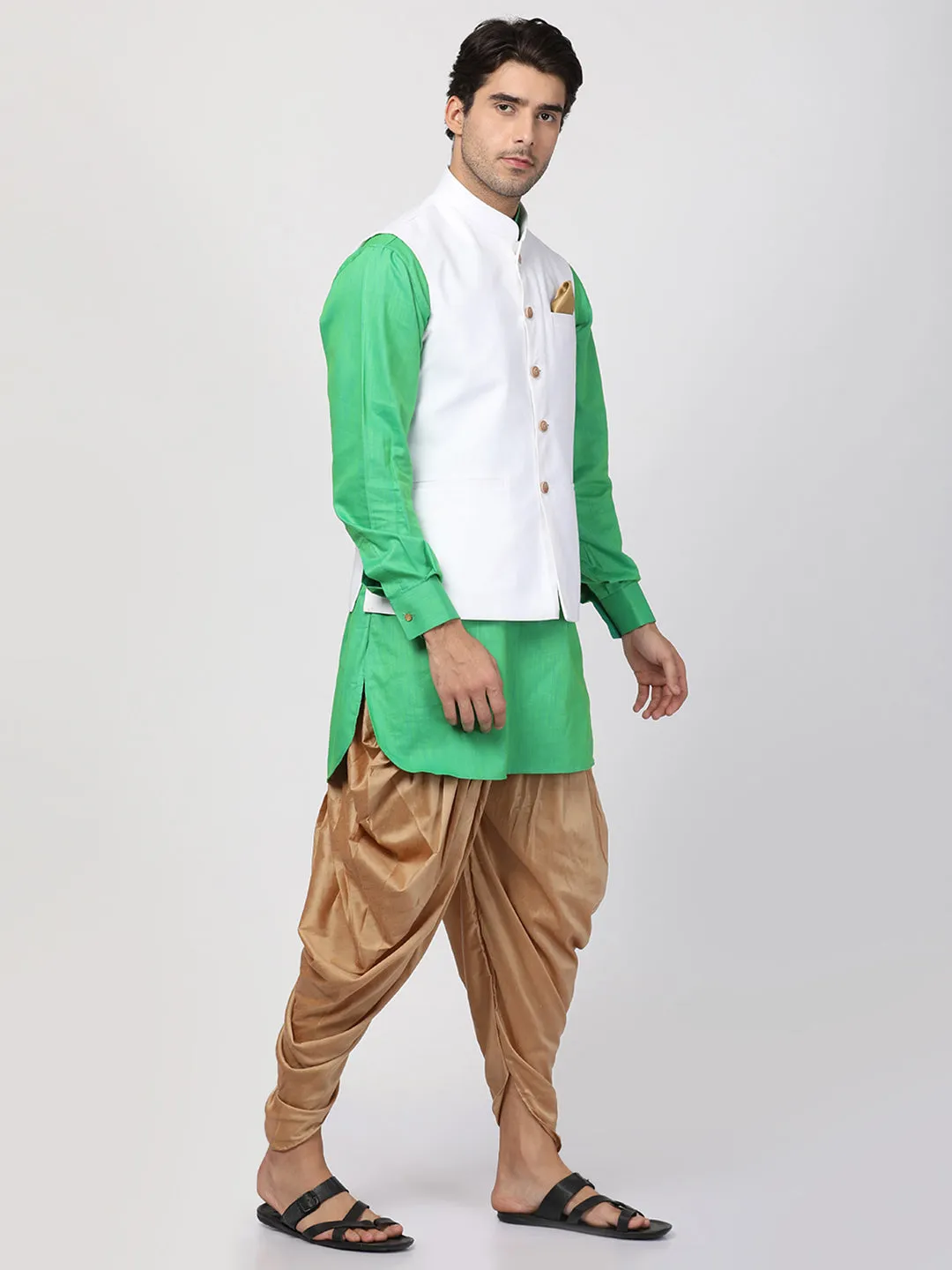 VASTRAMAY Men's Green Cotton Blend Ethnic Jacket, Kurta and Dhoti Pant Set