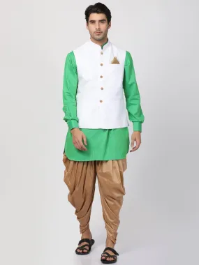 VASTRAMAY Men's Green Cotton Blend Ethnic Jacket, Kurta and Dhoti Pant Set