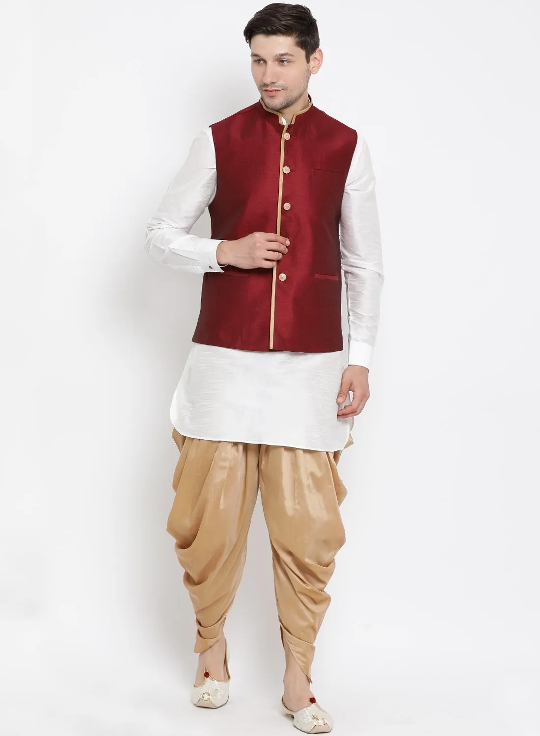 VASTRAMAY Men's White Cotton Silk Blend Ethnic Jacket, Kurta and Dhoti Pant Set