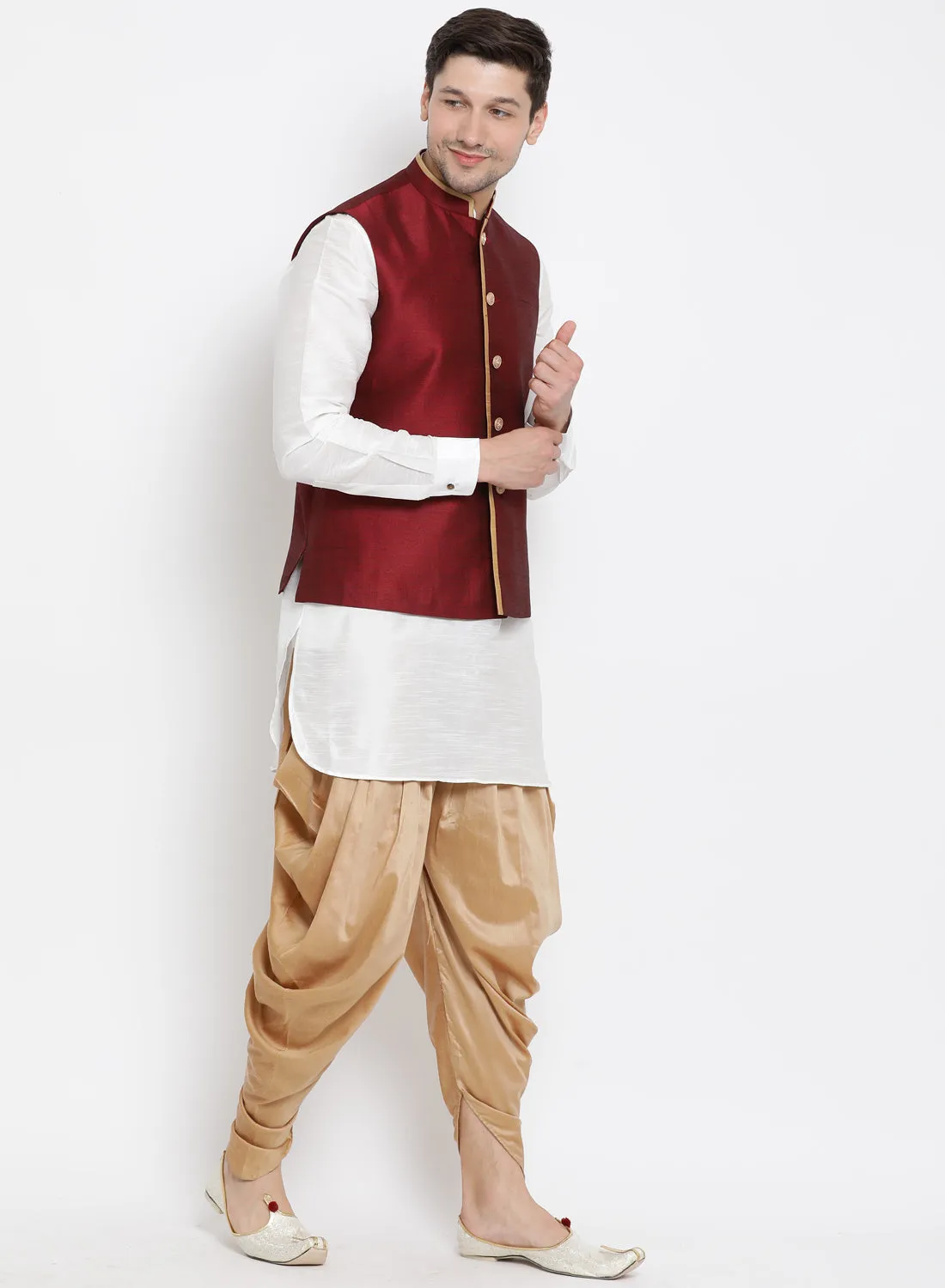 VASTRAMAY Men's White Cotton Silk Blend Ethnic Jacket, Kurta and Dhoti Pant Set