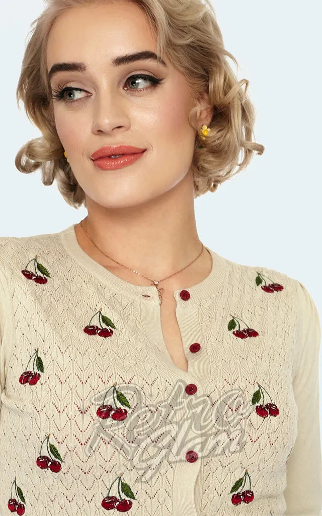 Voodoo Vixen Ivory Cherry Embroidery Bell Sleeve Cardigan - L & XXL left only