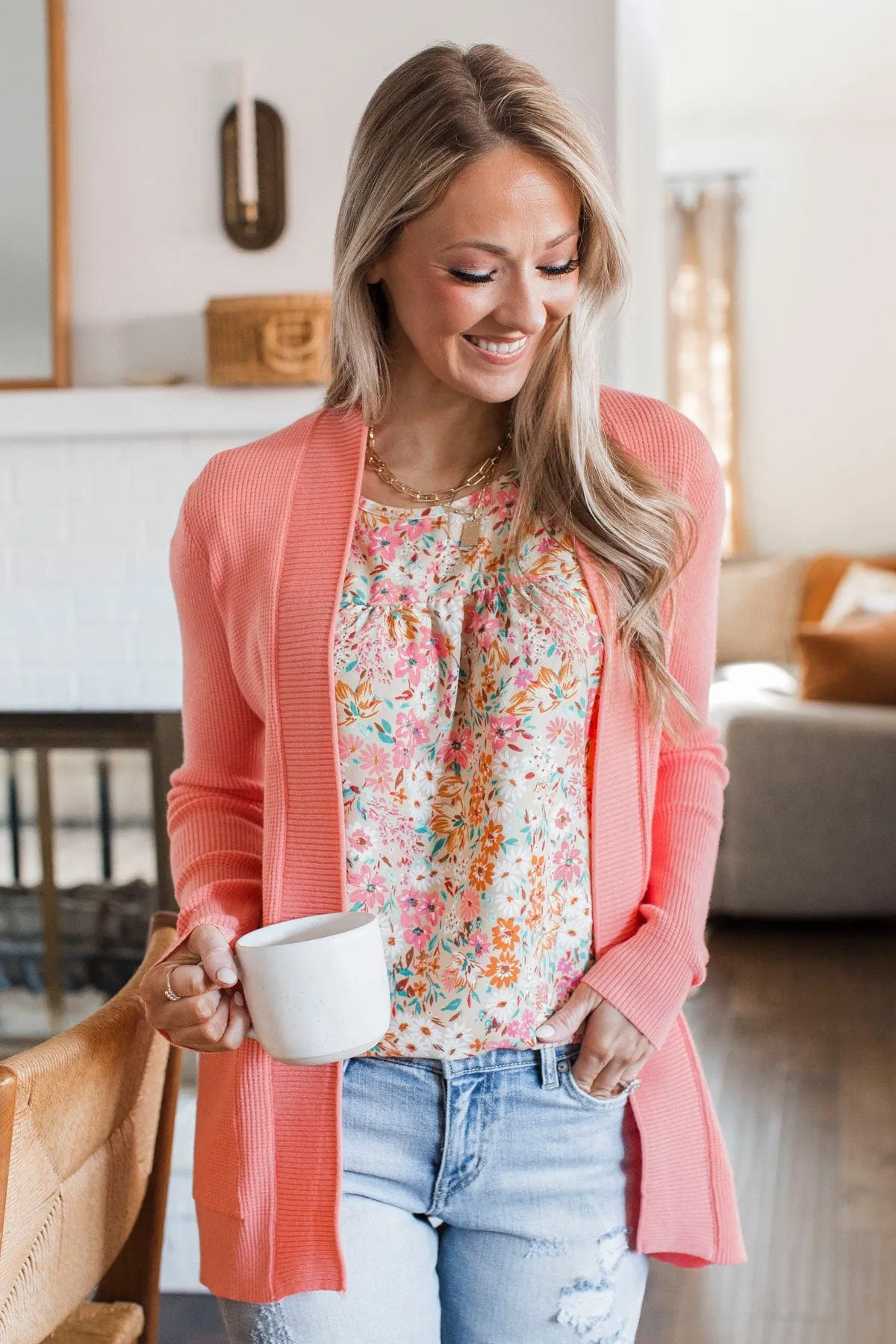 Walking On Clouds Knit Cardigan- Light Coral