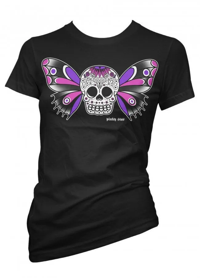 Women's Butterfly Sugar Skull Tattoo Tee